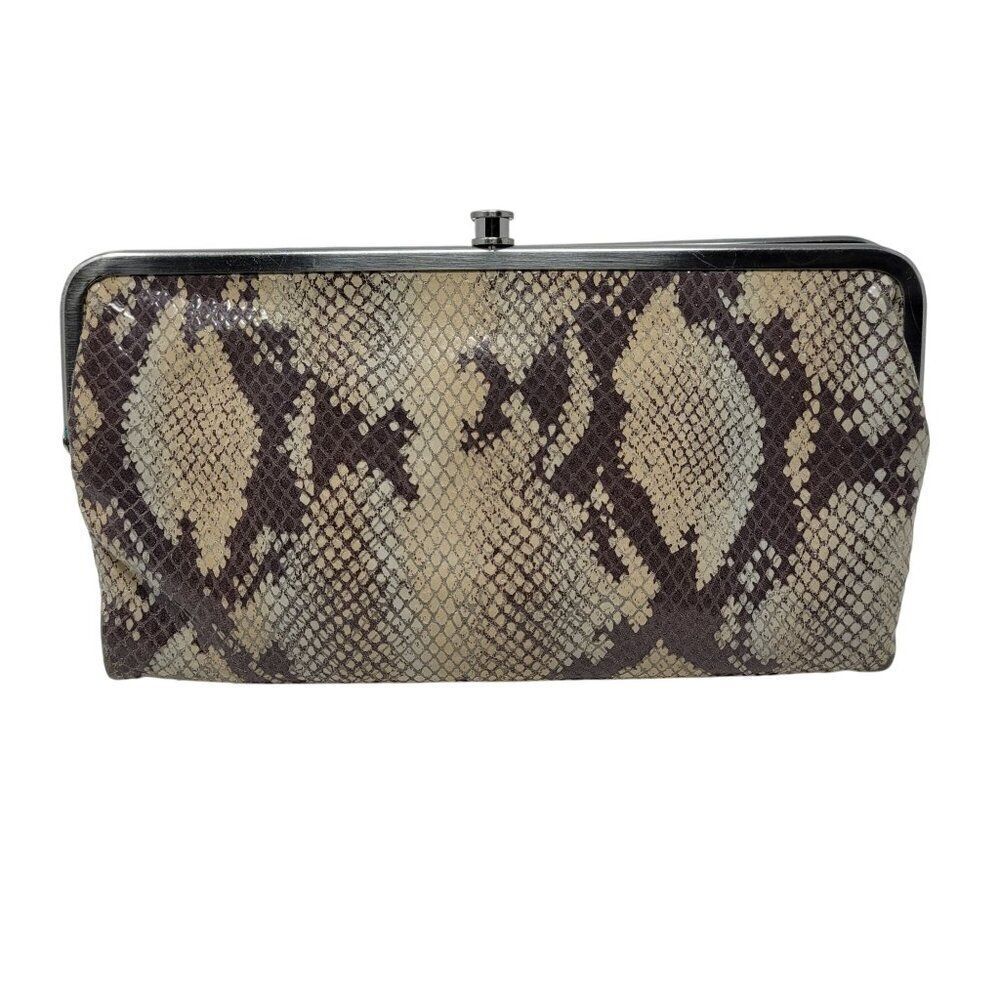 Hobo Lauren Leather Snake Clutch Wallet Frame Snap Closure Evening Bag Beige‎